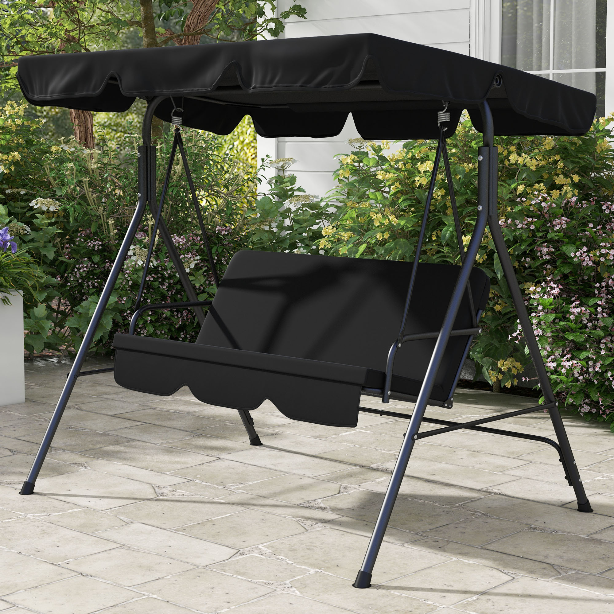 Image of Swing With Adjustable Sun Canopy, 3-seater Garden Swing With Anti-slip Feet, Water-repellent Swing Bench Loadable Up To 200 Kg, For Garden, 172x110x153cm, Black