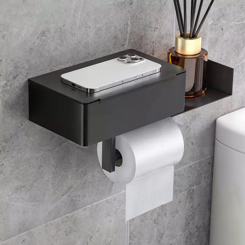 TEMU Black, Stainless Steel Tissue Box, Bathroom Non Perforated Toilet Paper Holder+roll Paper Holder 2-in-1, With Small Storage Table, High-quality