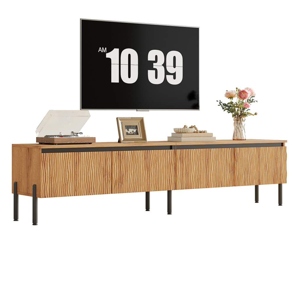 Image of Tv Lowboard, Tv Furniture, Living Room Furniture, Tv Cabinet With 4 Wavy Doors, Enclosed Storage Space With Cable Cutout, Pb+mdf Body, Metal Feet