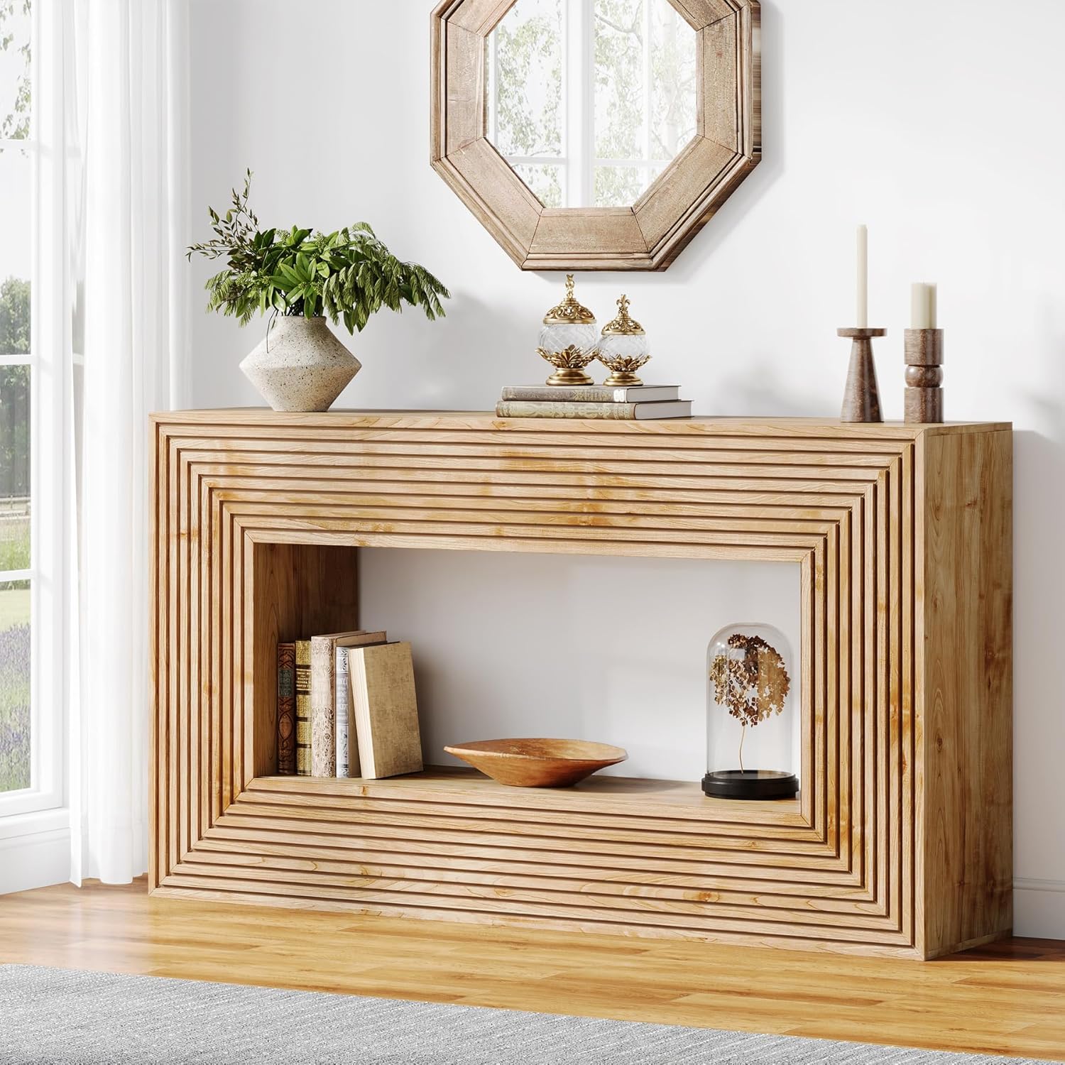 Vintage 150 Cm Wood Console Table, Farmhouse Fluted Entryway Table With Storage, Long Sofa Table Behind Couch, Rectangular Accent Entrance Furniture For For Living Room, Foyer, Hallway, Natural