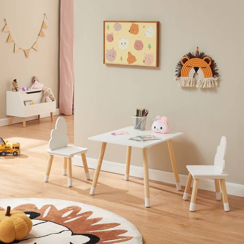 Children's Table And Chair Group Hovle Table + 2 Chairs With , Pine Wood +