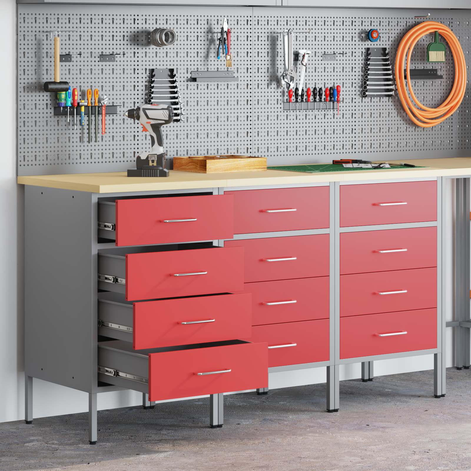 Workbench With Drawers 3pcs. Red And Gray 150 X 55 X 85 Cm, Workshop Storage, Cabinet, Practical Tool Organizer, For Efficient Household Organization