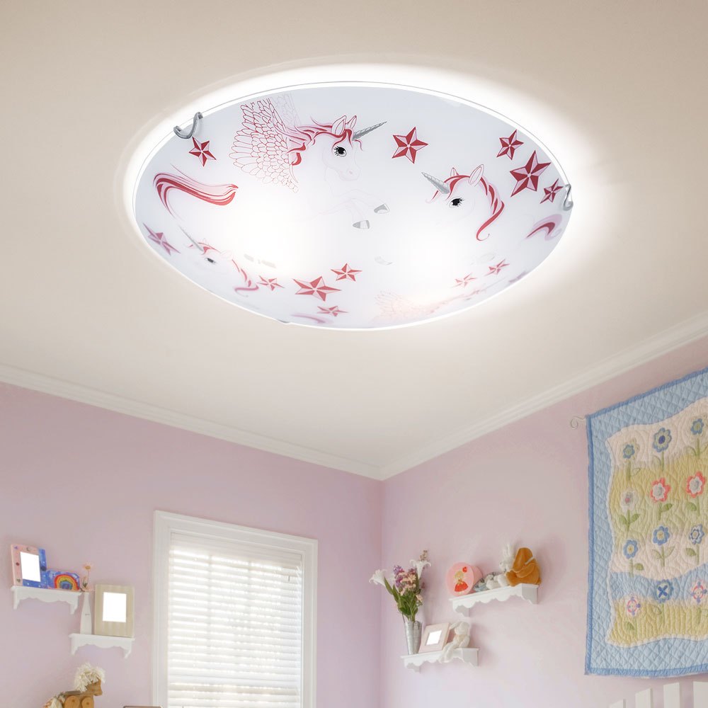 Image of Ceiling Light, Kids' Ceiling Lamp For Girls' Room, Round, Glass Unicorn Stars, White Pink, 2x E27, D 40 Cm, Not Included