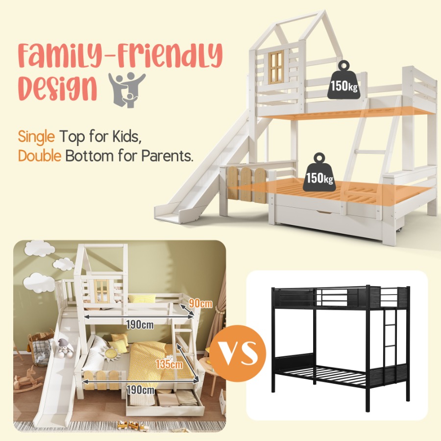 Bunk Beds for Kids, Wooden Cabin Bed with Ladder and Slide, Multi-functional Tree-house Bed, Children's House Bed, Twin Sleeper (90+135) x 190 cm, Solid Wood, White