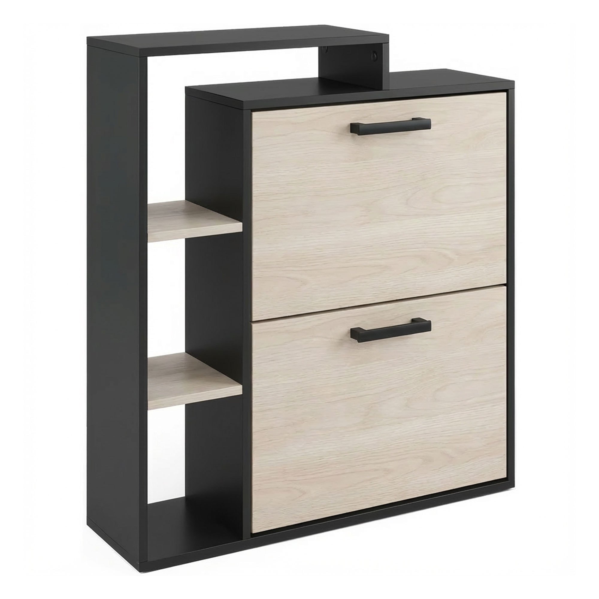 - Space- Shoe Rack With 2 Doors, 80x90x24.5 Cm, Holds 12 Pairs, Includes Shelves And Pocket Organizer, Black Wood