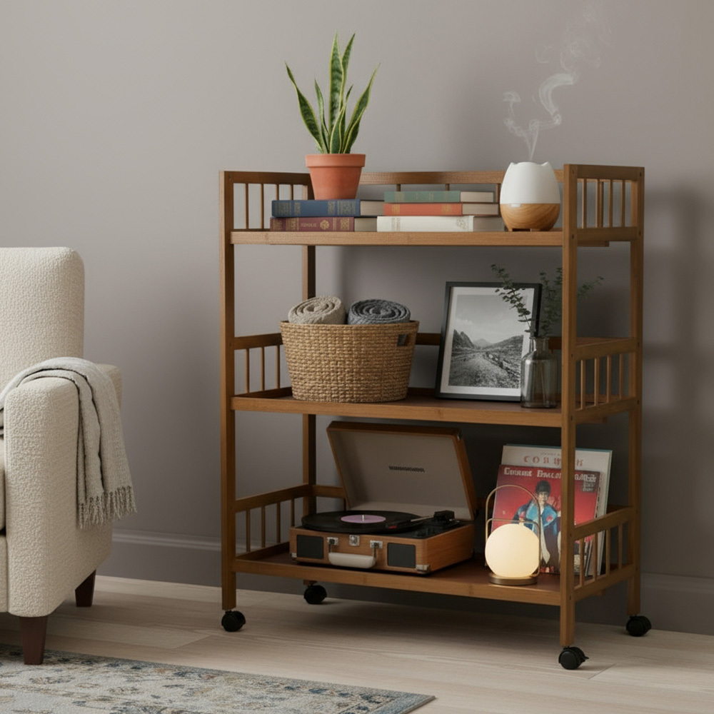 TEMU 3-tier Bamboo Office Rolling Cart, Storage And Service Trolley For Kitchen, Dining, And Office Organization, Ideal For Office Supplies, Daily
