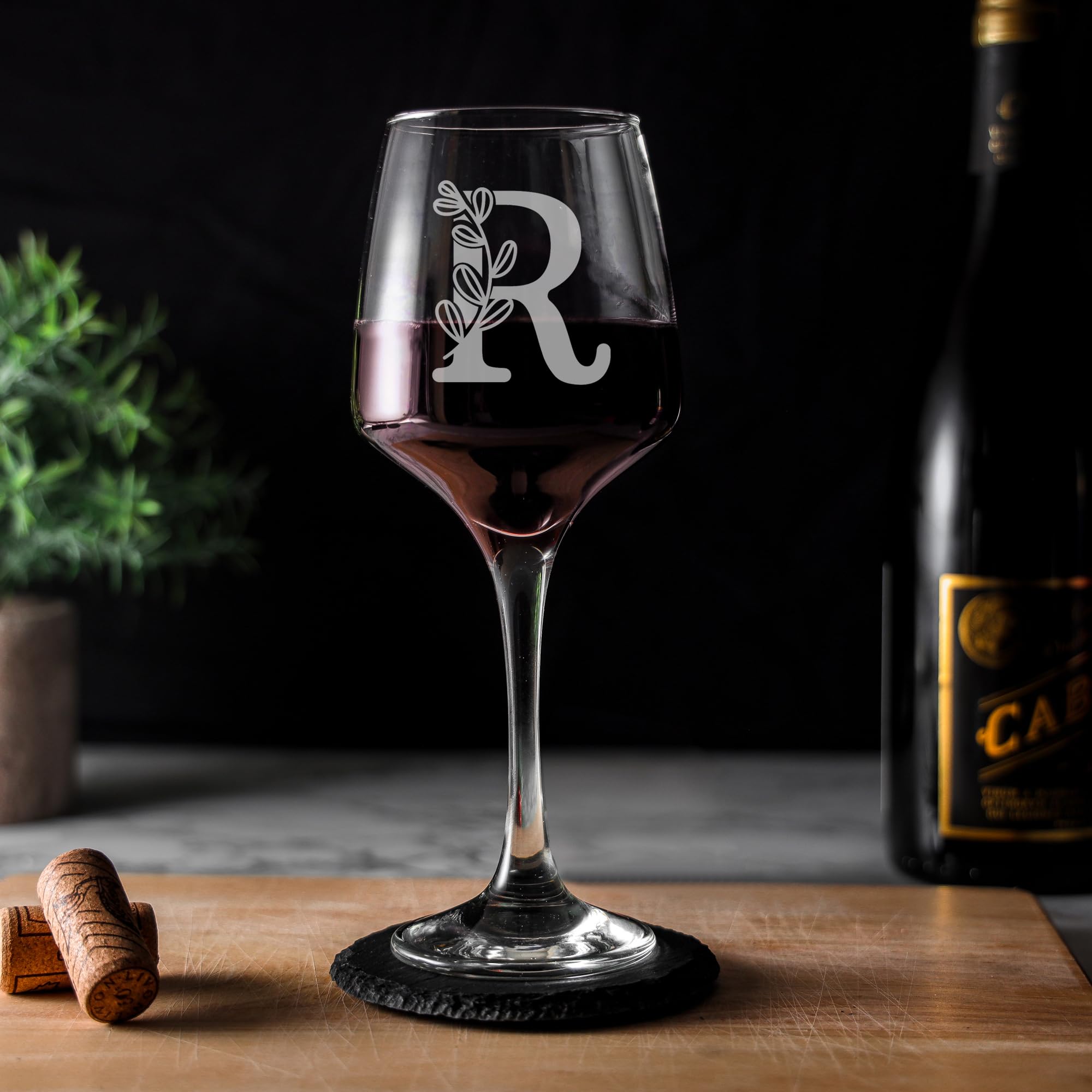 R Monogram Initial Etched Wine Glass Engraved Name
