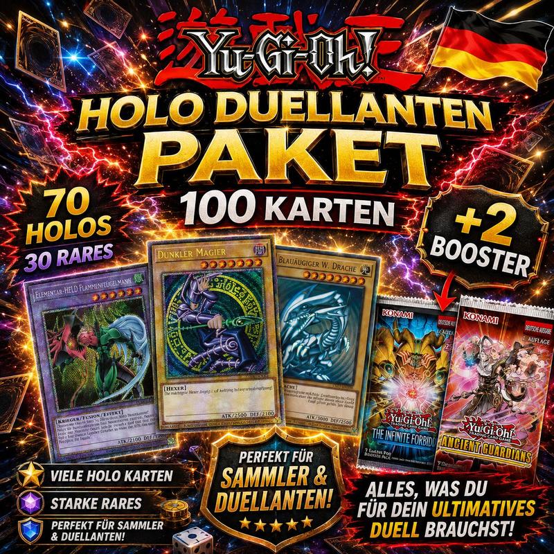 Yu-gi-oh! 100 Cards - Pack! Includes 70 Holos + 30 Rares + 2 Boosters, 100% German & Original Yugioh