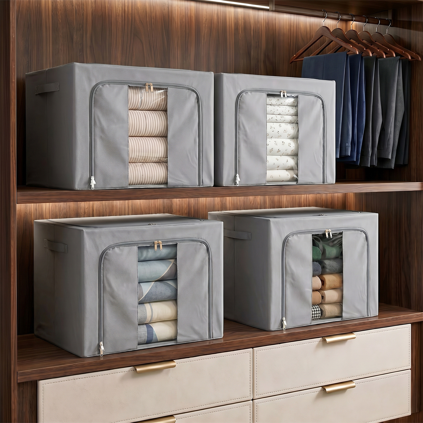TEMU 3-pack Foldable Oxford Cloth Storage Boxes With , 66l Large Capacity Wardrobe Clothes Storage Bags With Handles And Transparent Window, Durable