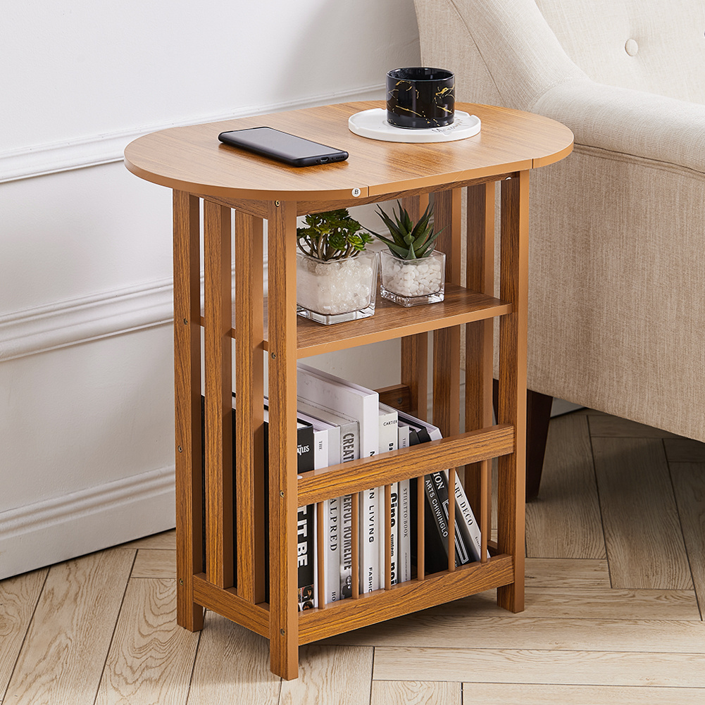 Modern Wooden Side Table with Storage Shelf and Foldable Desktop