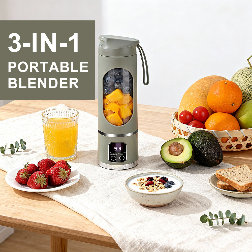 Image of Portable Blender With Display, Usb Rechargeable, 450ml Cup, 3 & For Fresh Juices , 12-blade Stainless Steel System, One-piece Easy-clean, For Travel, Gym, Office Gift