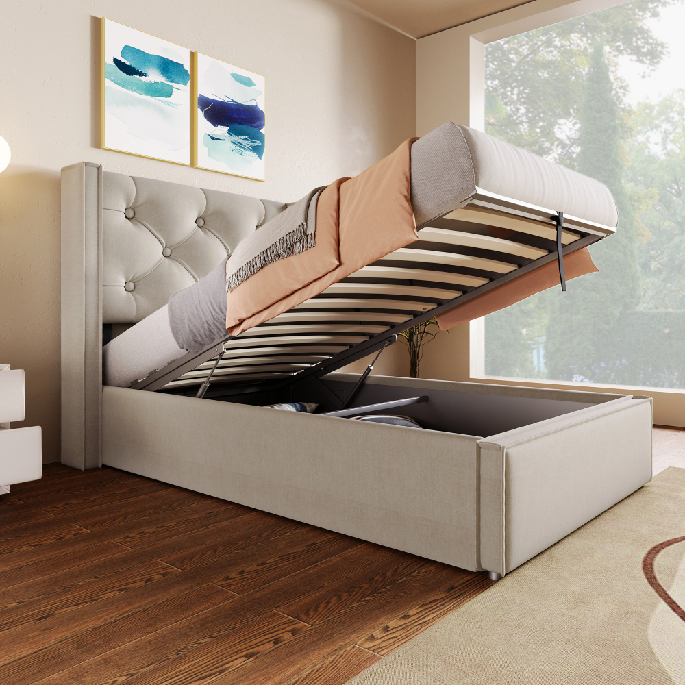 Image of 90x200cm, Pine Wood Slatted Bed Frame With Elastic Wood Slats, Non-slip Design, Hydraulic Storage Bed, Soft Padding, Sturdy Construction For Home Furnishing