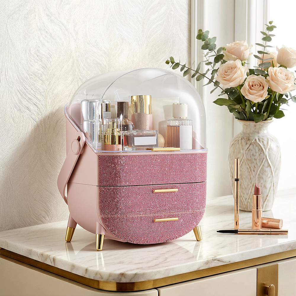 TEMU Preppy Style Oval Makeup Storage Box In Rhinestone Pink, Countertop Vanity Cosmetics Organizer For Skincare And , Portable Desktop Cosmetic