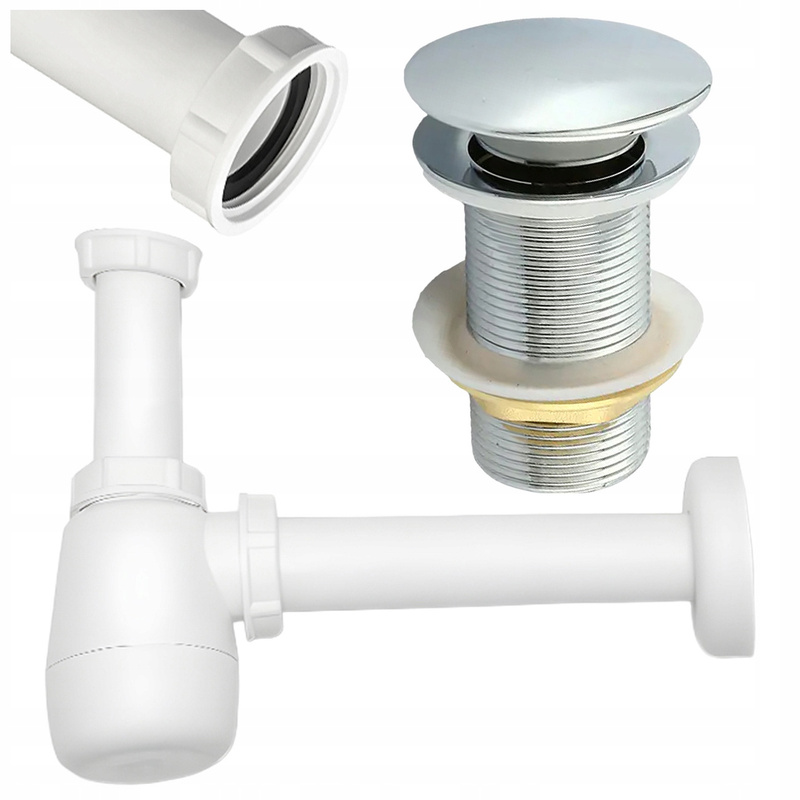 Set: Click- Drain Without Overflow Silvery + Sink Siphon For Sink