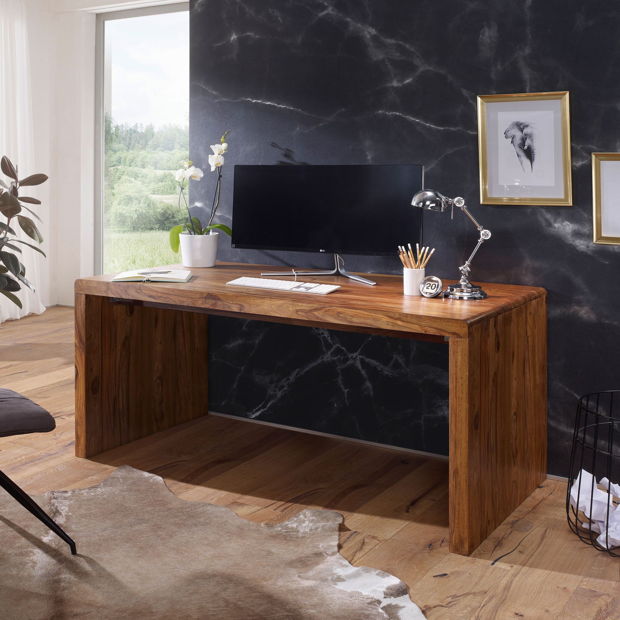 Solid Wood Desk 200 Cm Computer Table, Design With Storage, Office Table In Country House Style