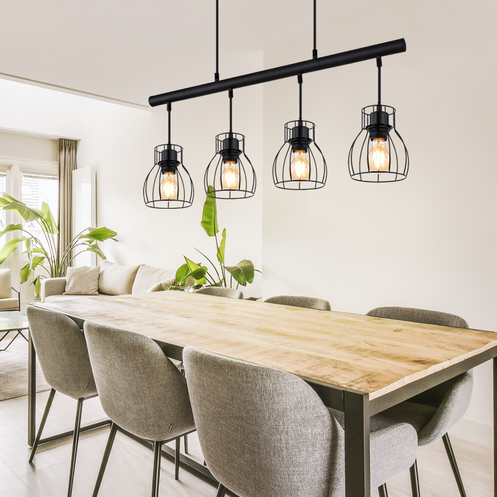 Vintage Pendant Light Hanging Lamp For Dining Table, Industrial Black Cage Shade Metal Hanging Lamp, 4x E27 Sockets, Length 77 Cm