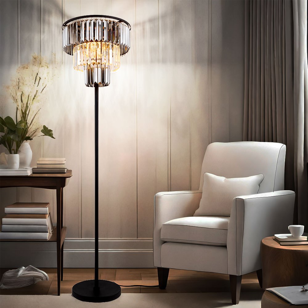 Floor Lamp With Glass Crystals, Living Room Standing Lamp, 3-arm, Matte Black Metal, Smoky Clear Crystals, 3x E27, Dxh 40x160 Cm