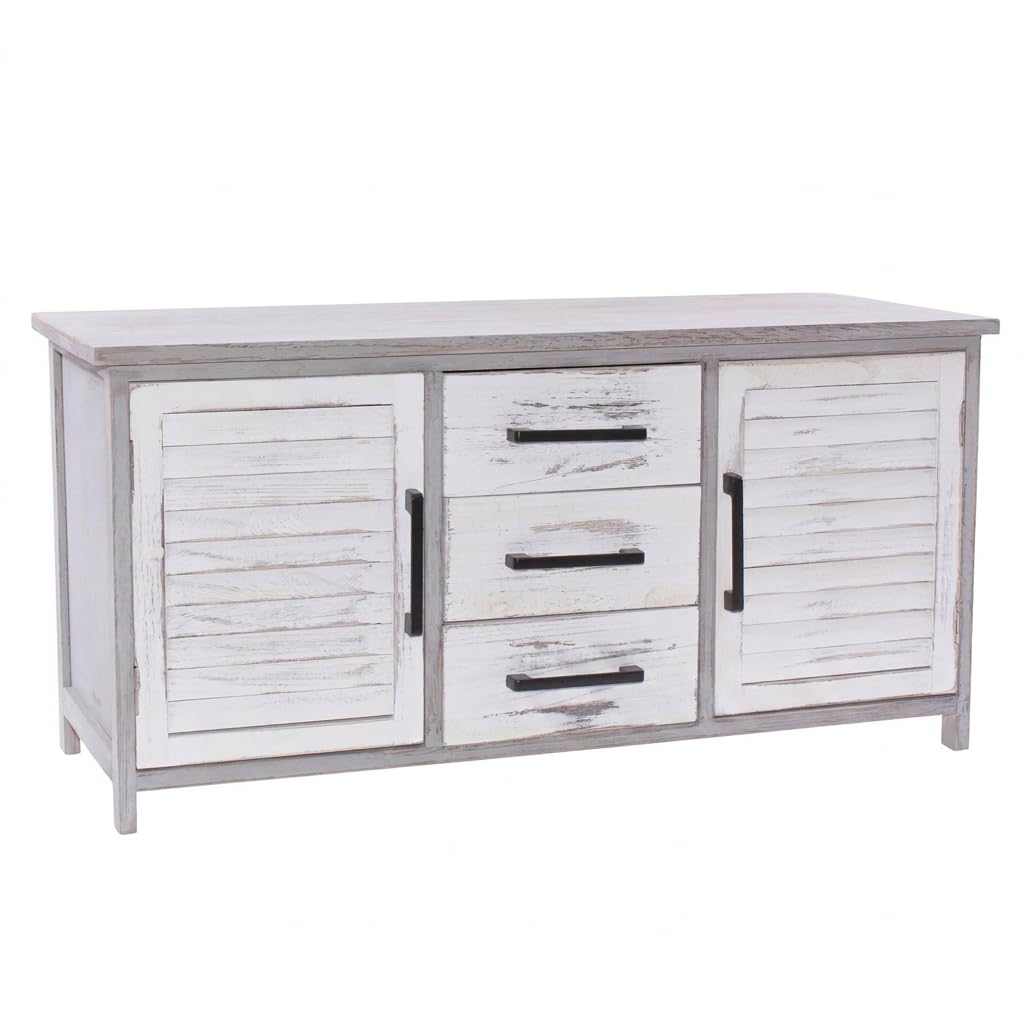 Image of Credenza In White And Grey Wood With 3 Drawers And 2 Shutters, Compact Storage Furniture For Living Room Entrance In Shabby 90x34x44 Cm