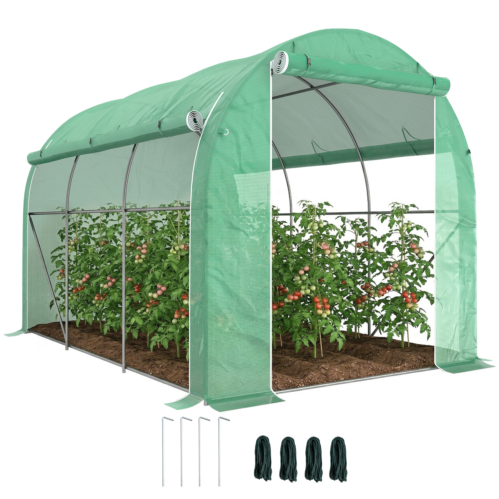 Image of Garden Tunnel Greenhouse Galvanized With Roll-up Door And , Mesh Windows, Film With Buried Edge, Simple Assembly 296x196x200cm