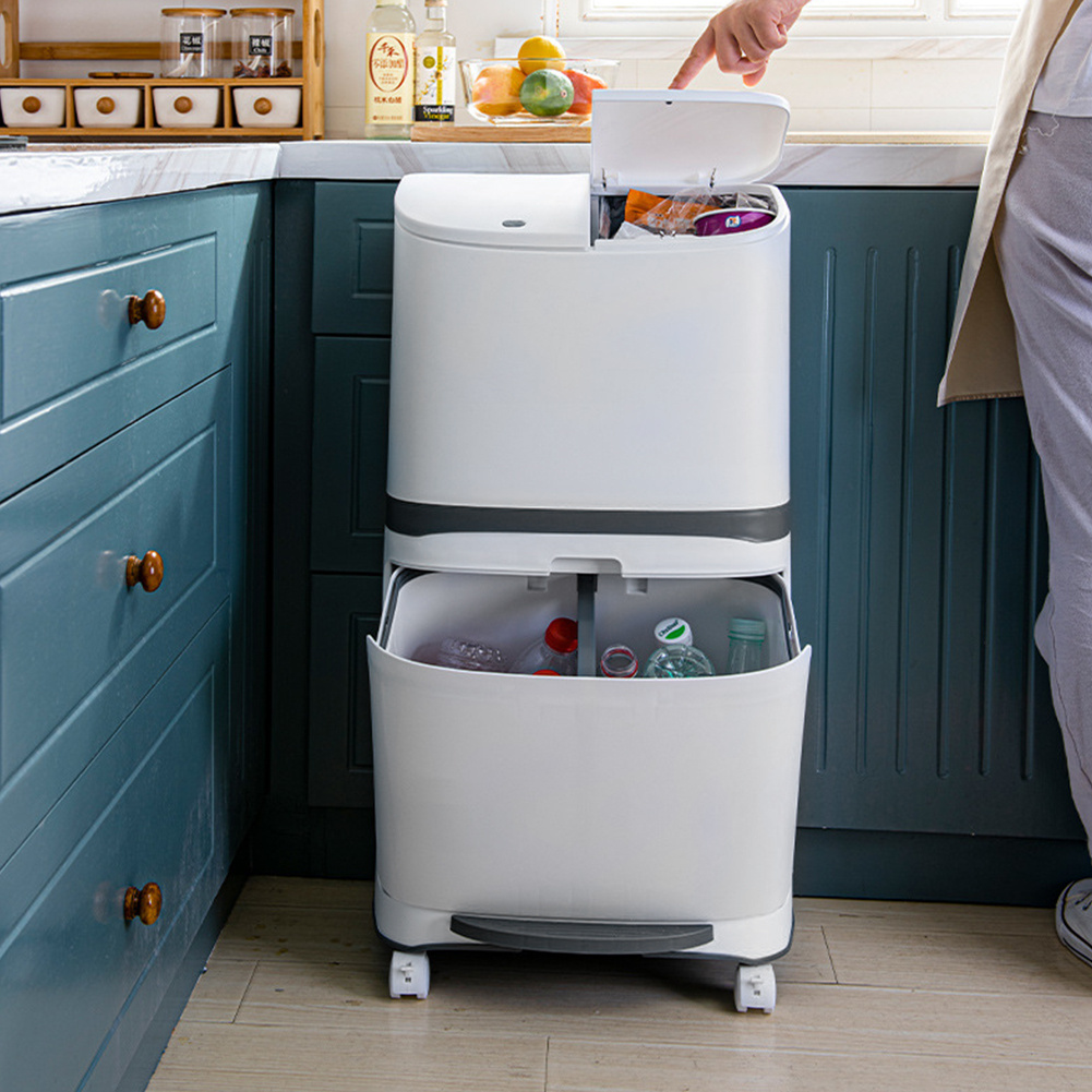 48l Large Recycling Bin Waste Bin 2 Tier Mobile Room Trash Can Dry Wet Rubbish Container