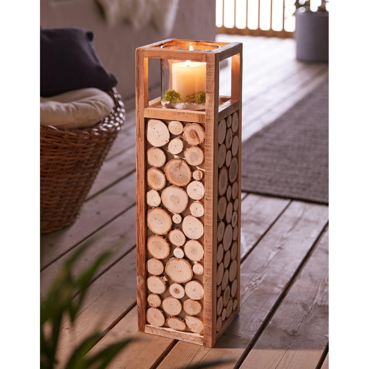Wooden Lantern Column "wood Slices" 58 Cm Tall, Floor Lantern, Decorative Column With Lantern, Candle Holder, Wooden Column