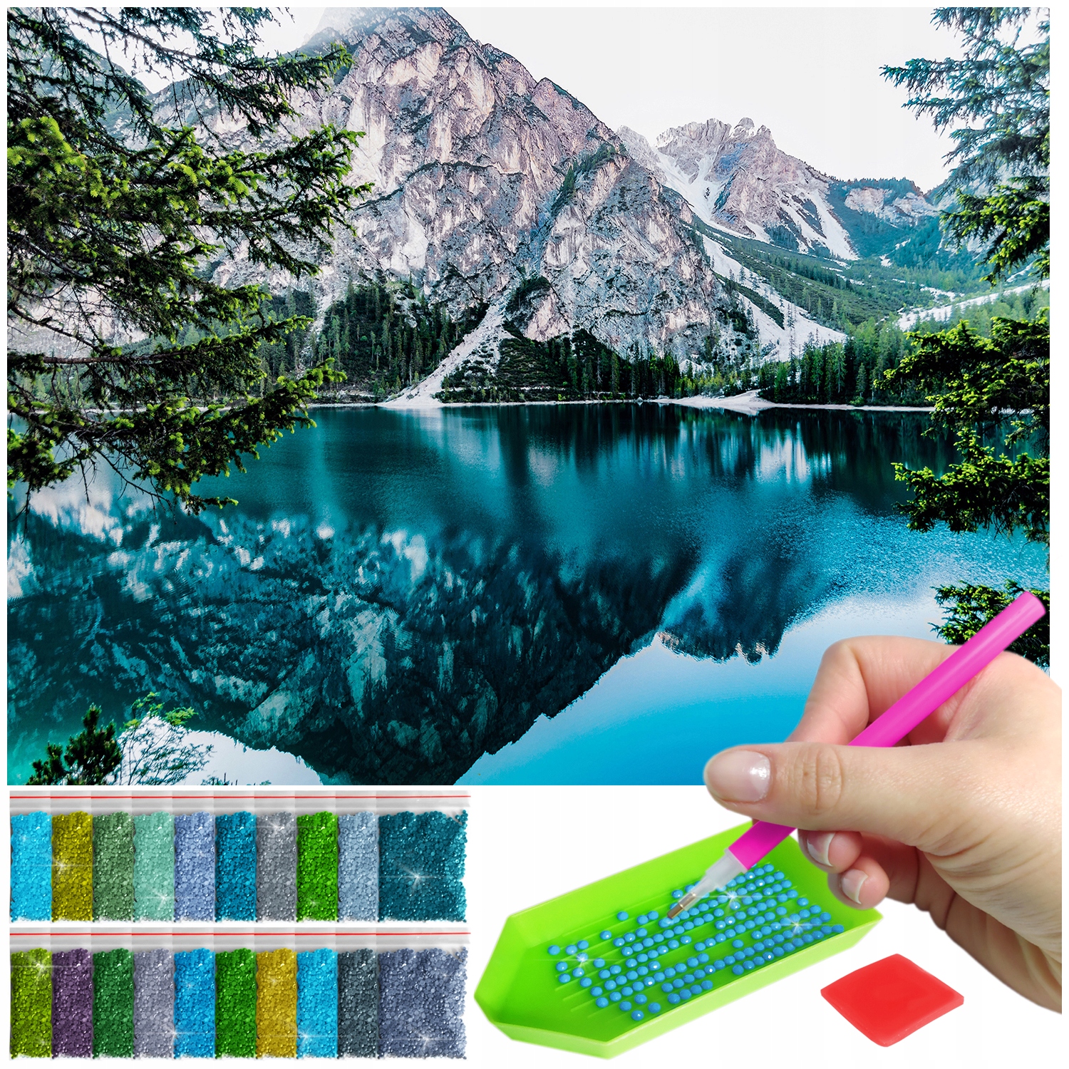 Image of Artulio Diamond Painting - Mountain Landscape With Blue Pond - 60 X 40 Cm - Complete Kit: Mosaic + Accessories