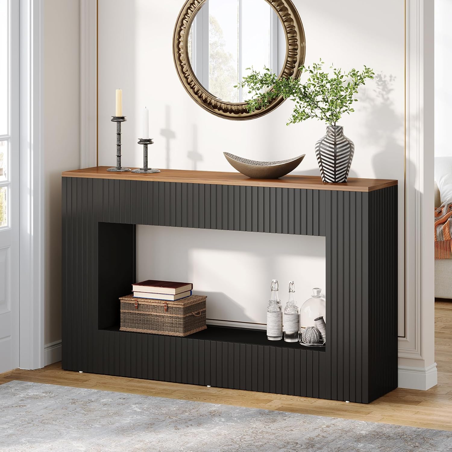 Image of Modern Console Table, 140 X 30 X 85 Cm, Narrow Hallway Table Made Of Wood With Storage Space, As A Sofa Table For Entrance, Hallway And Living Room, Black.