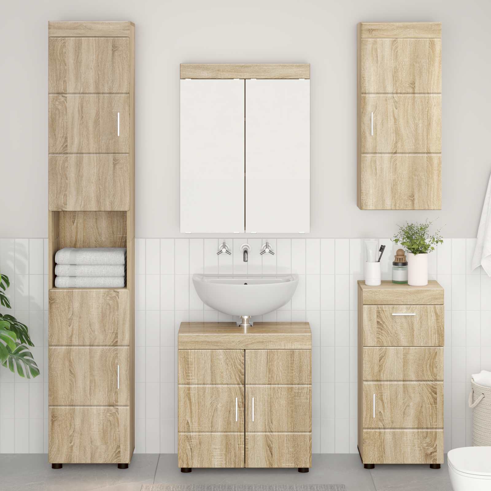 Image of Vidaxl Bathroom Wall Cabinet Tulum Oak 37 X 24.5 X 86 Cm, Modern Rectangular Bathroom Cabinet, Sturdy Storage Space, Practical Space Saver, Contemporary Furniture