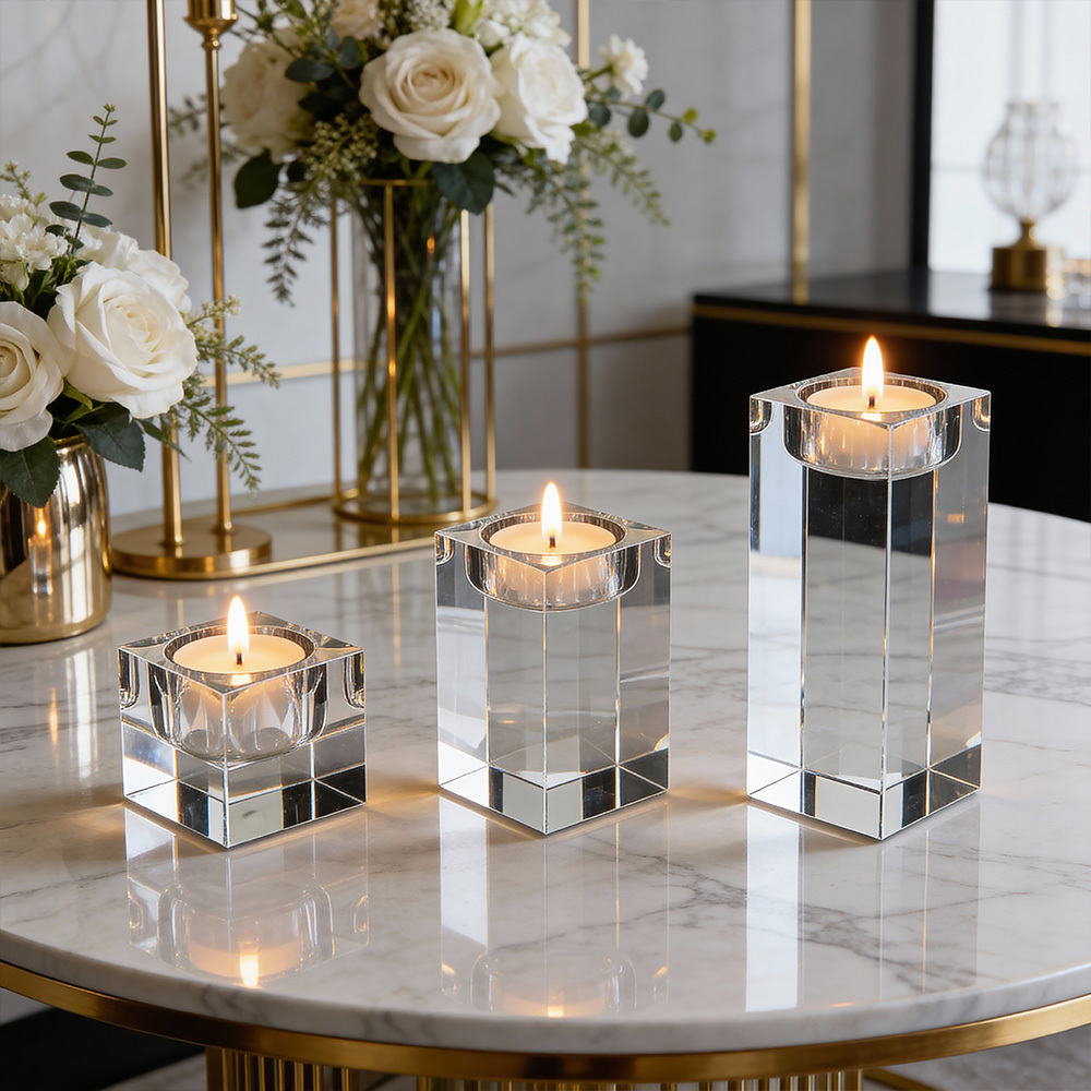 TEMU 3pcs Glass Candle Holders, Candle Holder Ribbed, Glass Candlestick, Set Of 3 Clear Glass Candle Stick Holder Table Dinner Party Decorated