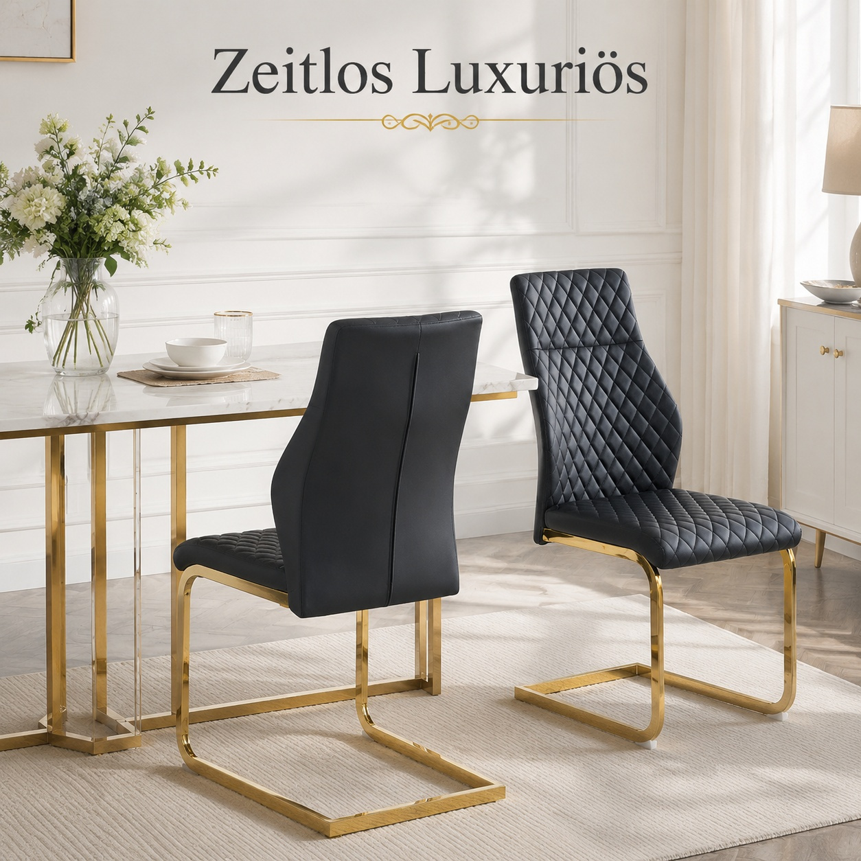 Image of 43*63*100cm 2pcs Set Of Dining Chairs, Black Pu Leather With Rhombus Quilting, Golden-colored Stainless Steel Tube Frame For Living Room And Commercial Use.