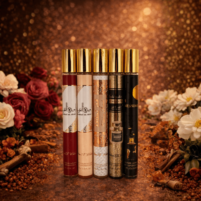 Image of Set Of 5 Eau De Parfums: Ameerat Al Arab Rouge, Rose, Fhakar Rose, Confidential Private Gold, His - 35ml