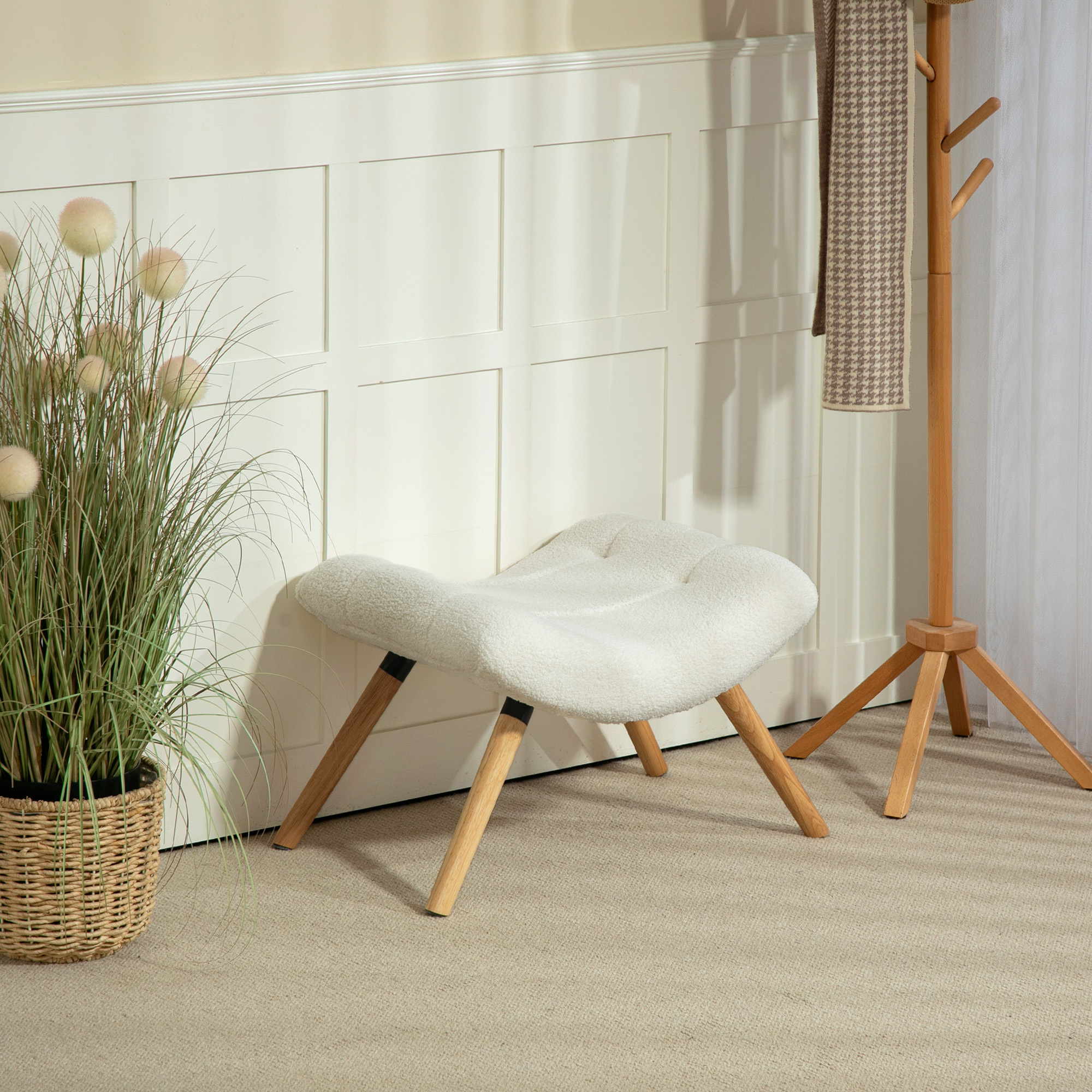 Stool With Soft Seat Cushion, Wooden Legs, Footstool With Berber Fleece Fabric, Ottoman For Bedroom, Living Room, Cream White.