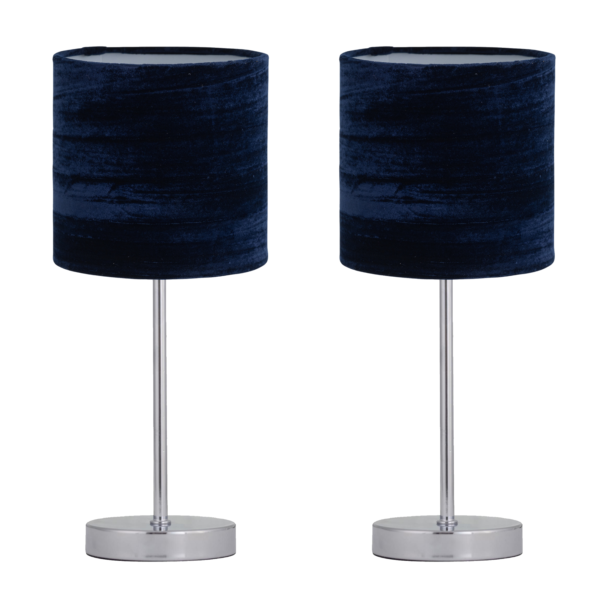 First Choice Lighting Set of 2 Chrome Stick Table Lamps with Navy Blue Crushed Velvet Shades in Silver