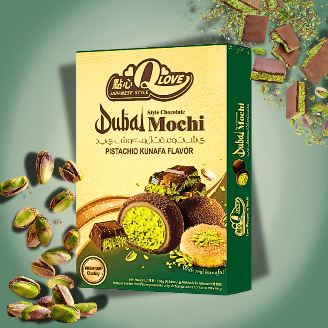 Image of Qlove Dubai Chocolate & Pistachio Kunafa Deluxe Mochi 168g – Premium Mochi With Pistachio Filling And Kunafa Chocolate Flavor