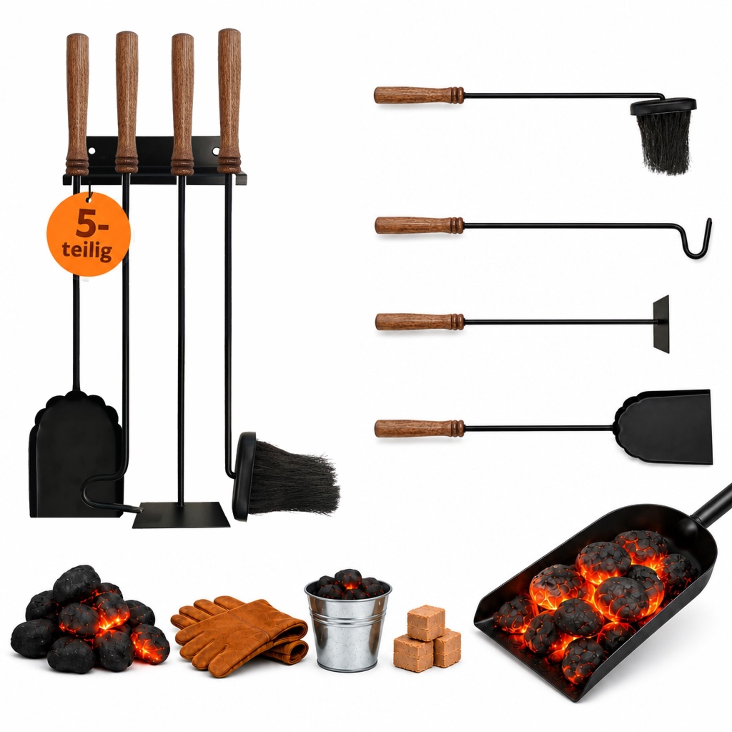 TEMU 5-piece Fireplace Tool Set, Steel And Mango Wood, Black And Brown, Wall Mount 20 X 4 X 4.5 Cm, Hook 54 Cm, Shovel 56 Cm, Broom 57 Cm, Scraper 56