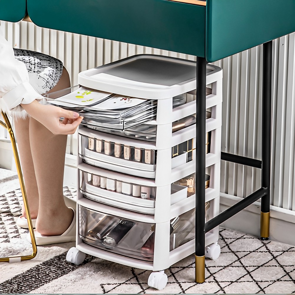 Floor Standing Cosmetic Storage Tower with Transparent Drawers, Portable Design
