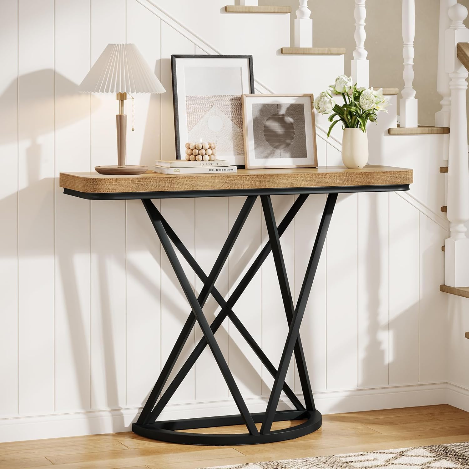 Image of Console Table, 105 Cm, Industrial Style, With Geometric Metal Frame, Narrow And Compact, Versatile As A Decorative Coffee Table For Living Room, Hallway, And Foyer.