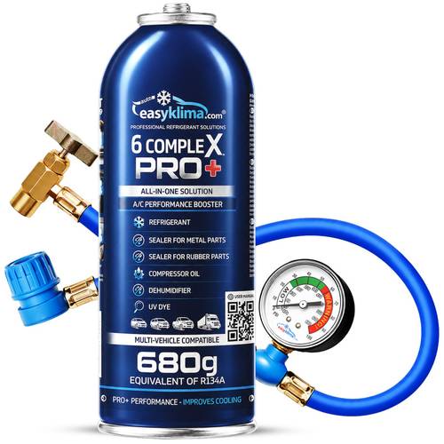 photo de l'article kit de recharge de climatisation de voiture 6-en-1 easyklima 6 complex r134a, préparation de climatisation avec tuyau dapplication, huile de compresseur, agent desséchant, colorant uv pour détection de fuites et détanchéité, additifs pour fuites mineures dans les composants en caoutchouc et en métal, recharge et entretien de climatisation en libre-service, boîte de 255 g (équivalent fabricant à 680 r134a), pour véhicules sélectionnés avec systèmes r134a