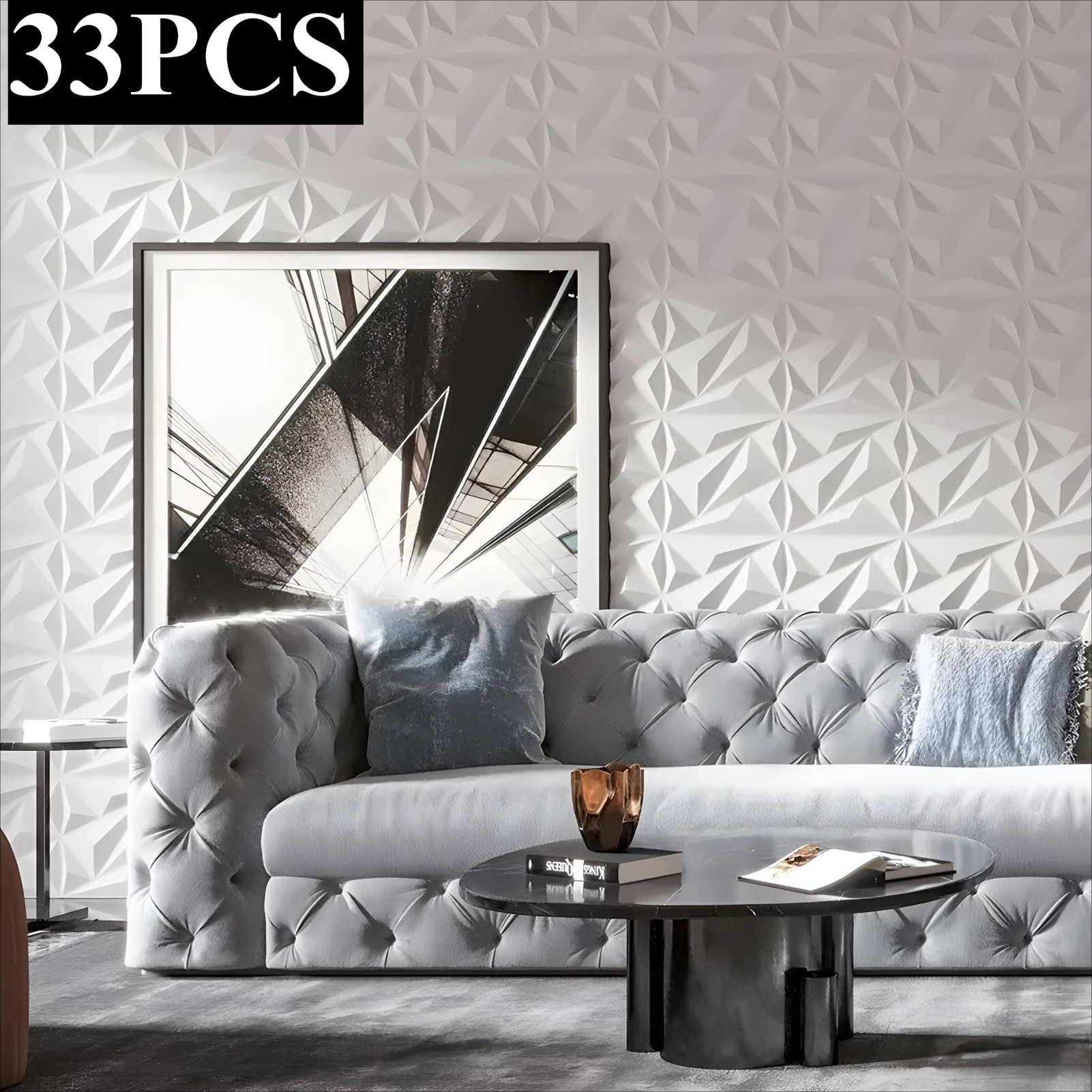 TEMU 33pcs 3d Diamond Wall Tile For Diy Accent Wall, Pvc Wall Art For Bedroom, Lounge, Rental Apartment, Wall Stickers For Renovation, Easy To Clean,