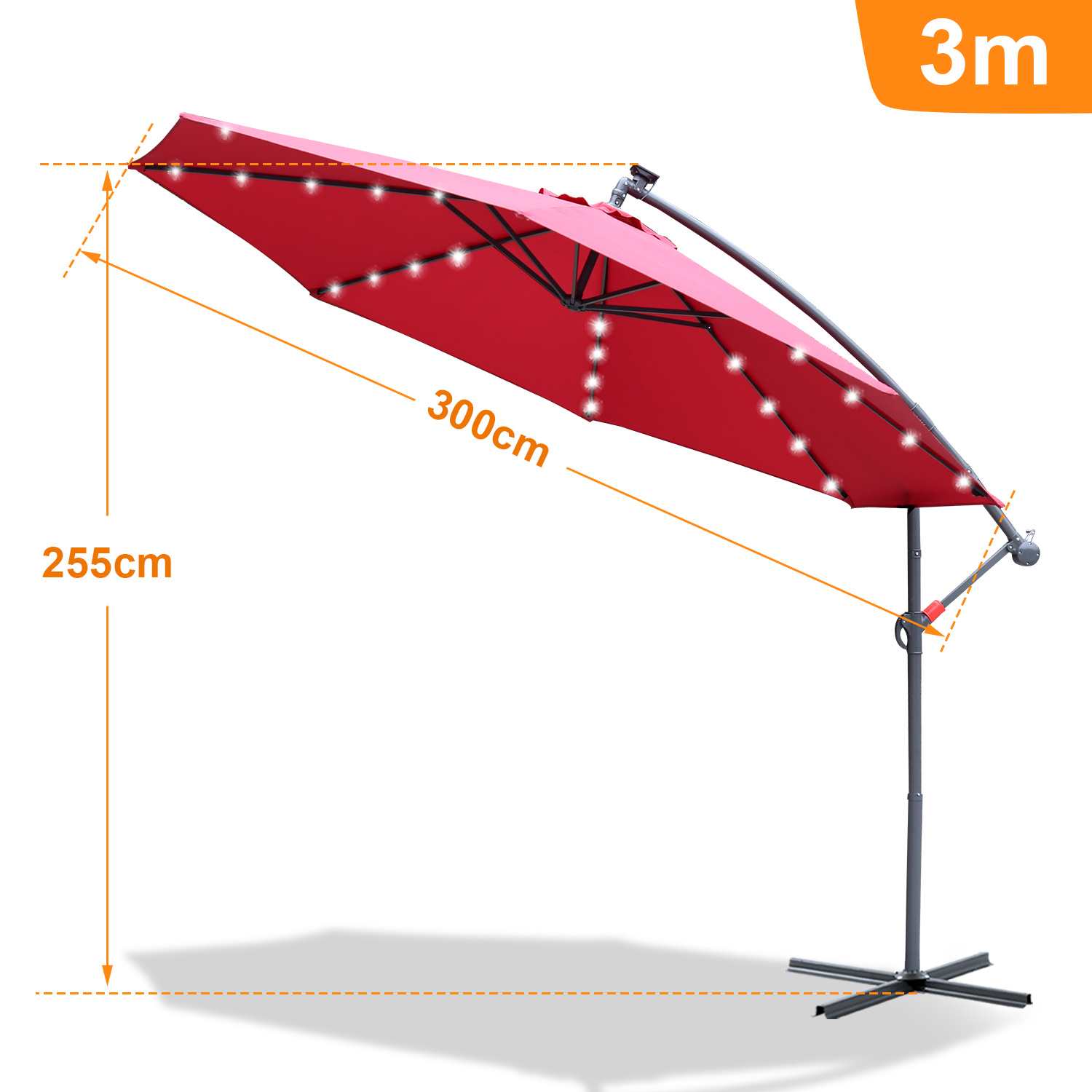 Parasol, parasol cantilever, avec support et lumière, protection solaire, protection UV jusqu'à UV30+, ouverture et fermeture faciles, pour jardin, terrasse, 300 cm