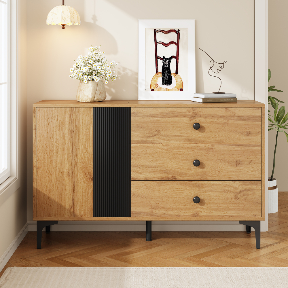 120l X 35w X 76h (cm) Sideboard Wood & Black Vertical Stripes | 1 Drawers | | Modern