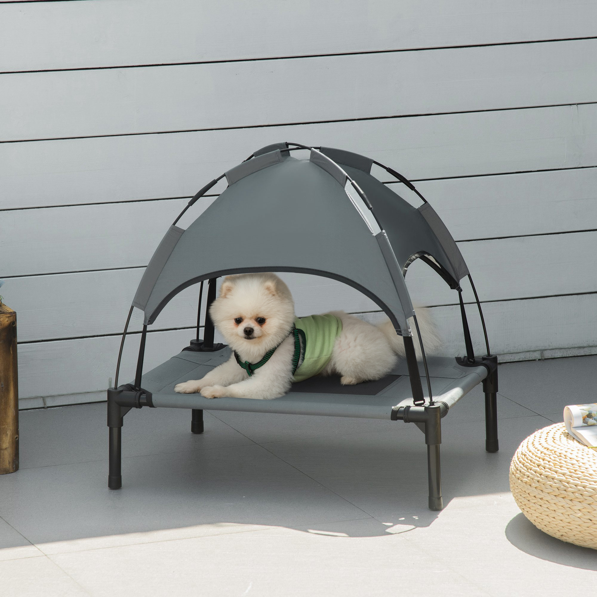 Raised Dog Bed With Canopy, Pet Bed, Outdoor Dog Lounger With Roof, Breathable, Fabric For Camping