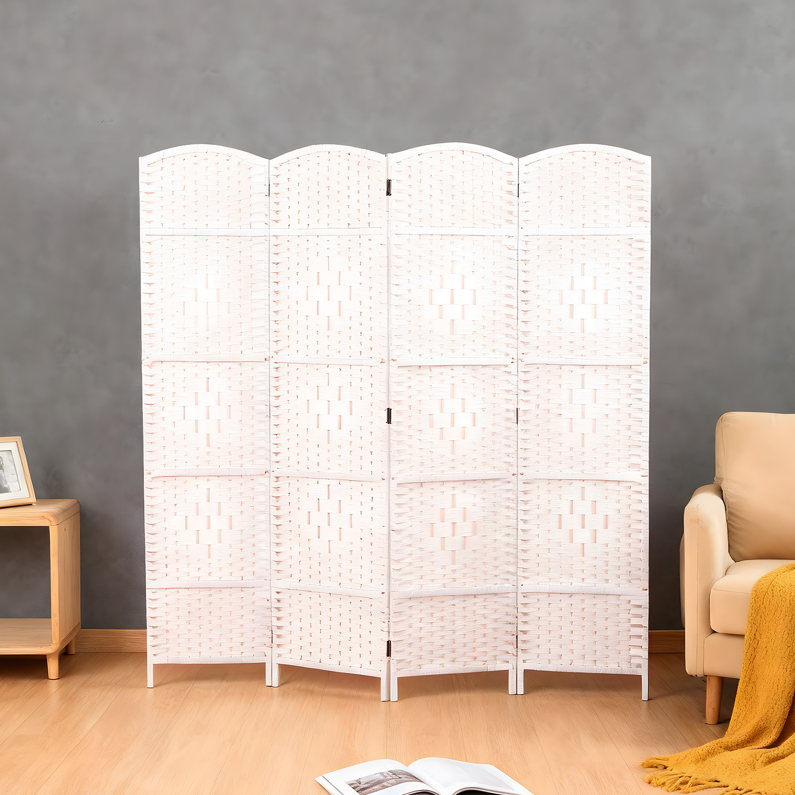   divider 4 6 panel foldable privacy screen with woven panels   wood frame     quiet zones in living rooms bedrooms or home offices lightweight portable easy to fold for storage elegant design   modern  