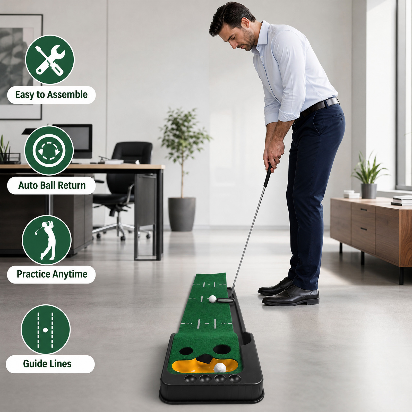 Golf Putting Mat with Automatic Ball Return & Dual-Hole Design