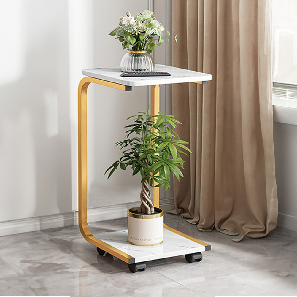 TEMU Portable Rolling End Table, 2-tier Mobile Side Table With Marble Effect Top & Gold Metal Frame, Lockable Casters, Suitable For Living Room &