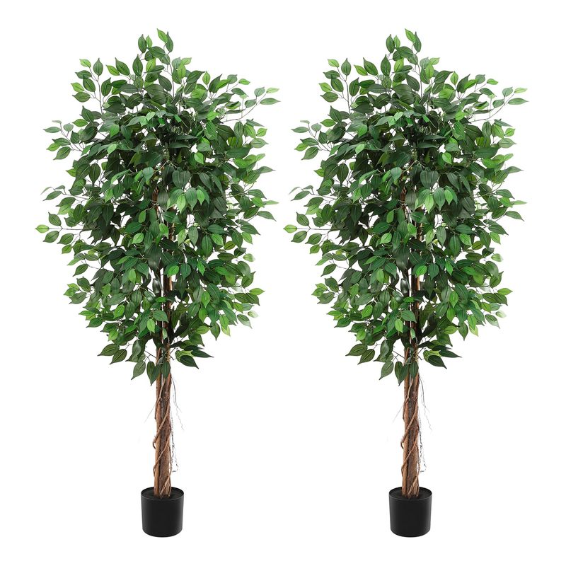 Image of 6ft Tall Faux Tree Set Of 2, 1008 Leaves Artificial Plants In Black Nursery Pots, 2-trunk Fake Greenery For Indoor Outdoor Living Room Office Decoration