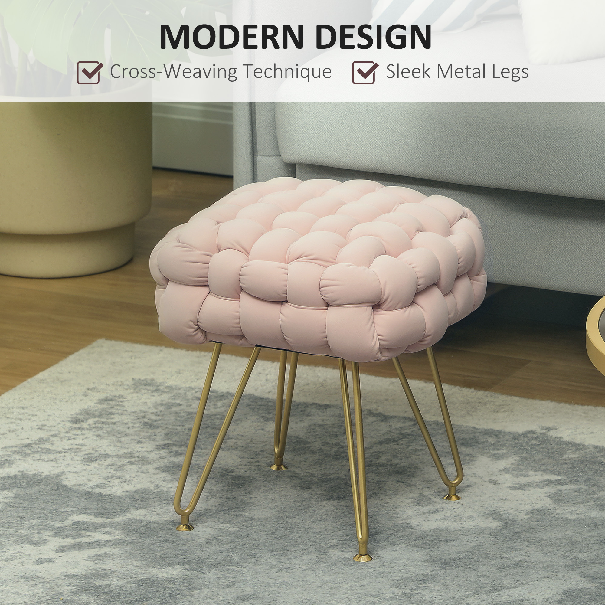 modern   stool woven velvet  stool with metal legs padded seat for living room bedroom entryway details 2