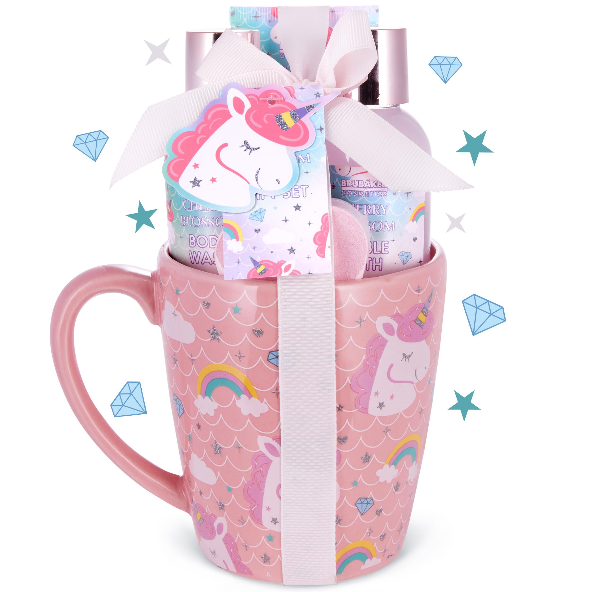 Image of Brubaker Cosmetics 5-piece Unicorn Bath And Shower Set With Coffee Mug - Cherry Scent - Cute Beauty Bath Set Gift For Women - Wellness Gift Set With Pink Mug