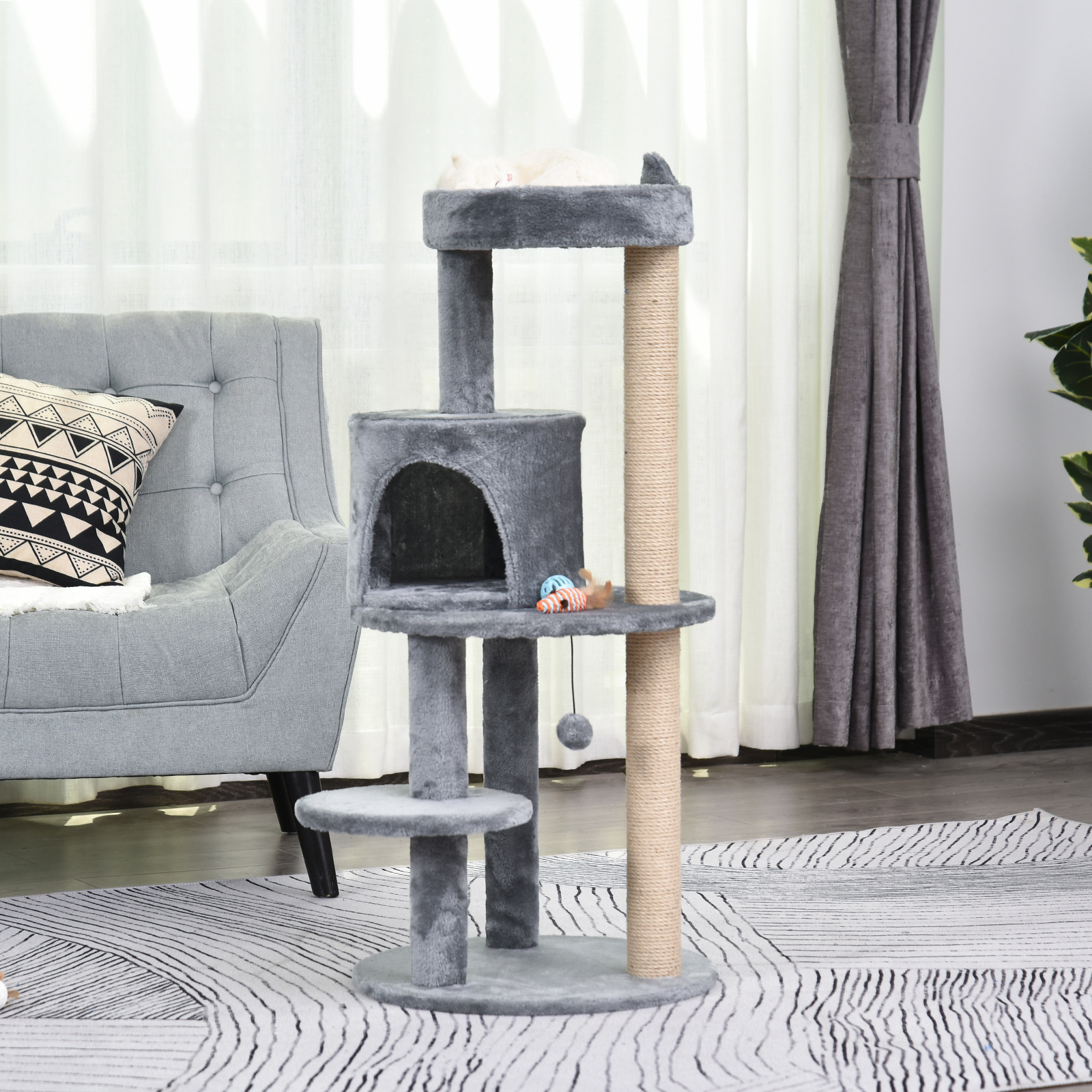 104 Cm Cat Tree With Cat Cave, Play Balls, Scratching Board, And Sisal Scratching Posts, For Cats Up To 4.5 Kg, Gray