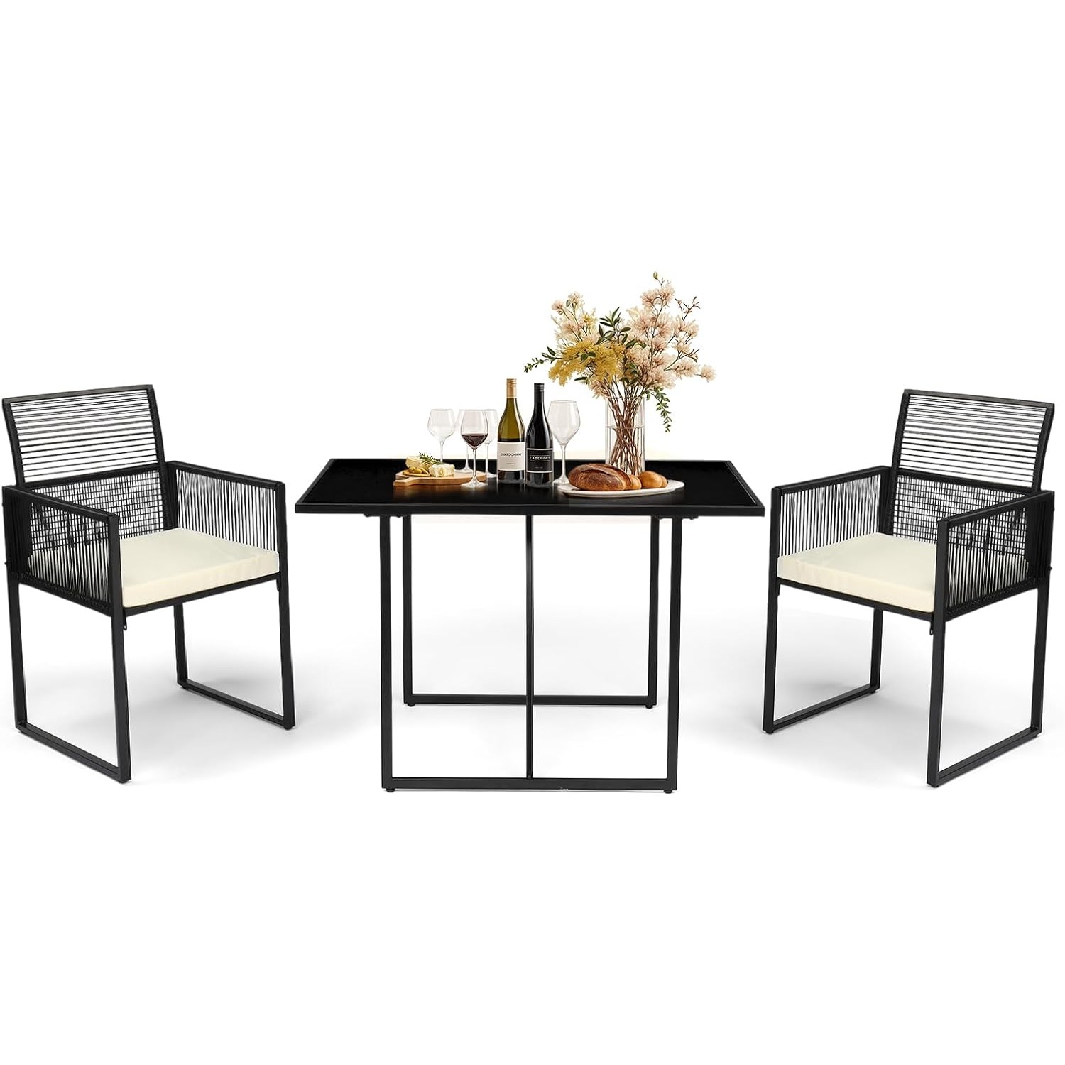 Image of Bonnlo 3-piece Balcony Furniture Set, 2 Garden Chairs With Cushions And , Space- Pe Rattan Outdoor Furniture For Balcony/garden, Black